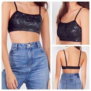 OUT From Under Black Sequin Stretchy Adjustable Strap Crop Top Size M NWT
